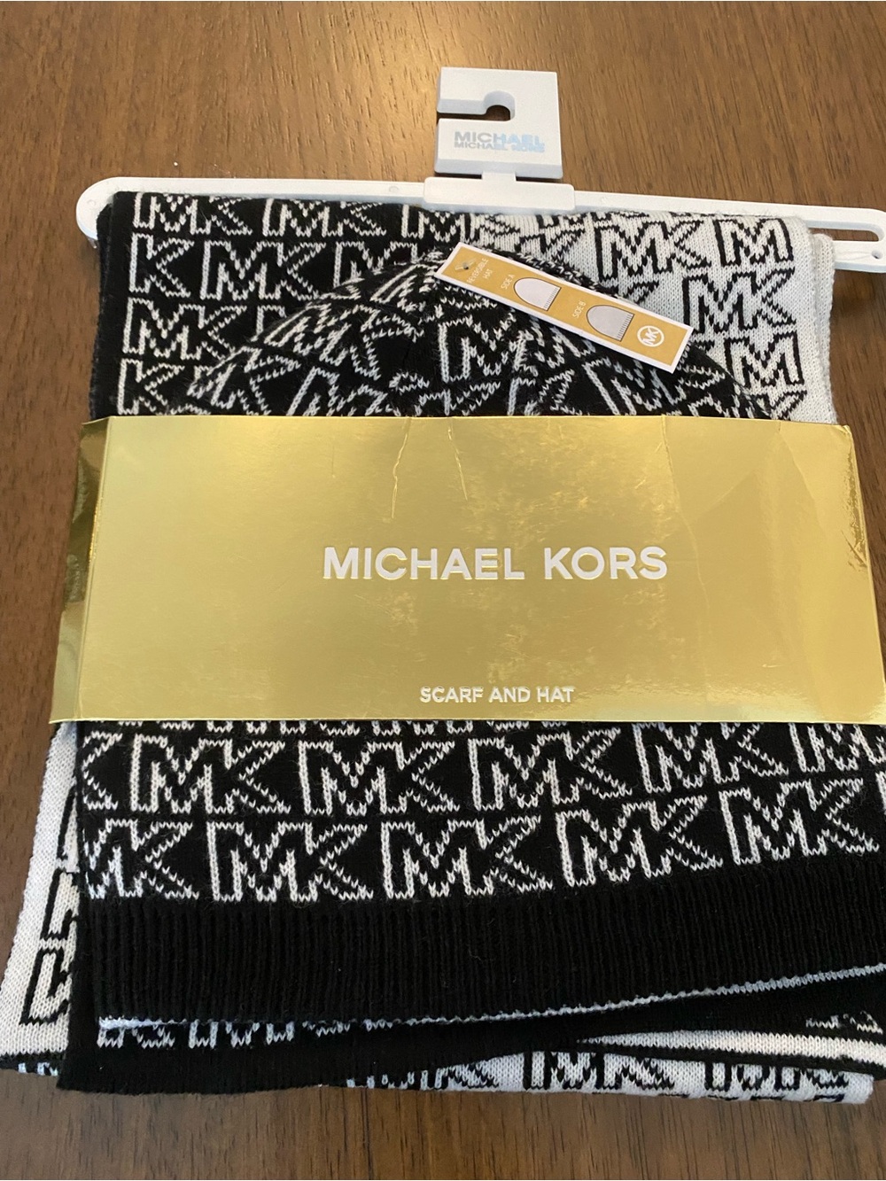 Michael Kors Black & White MK Logo Scarf and Beanie Set